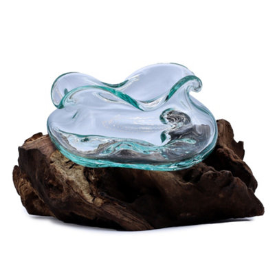 Wavy Molten Glass Bowl With Wooden Base Decorative Accent 18Cm