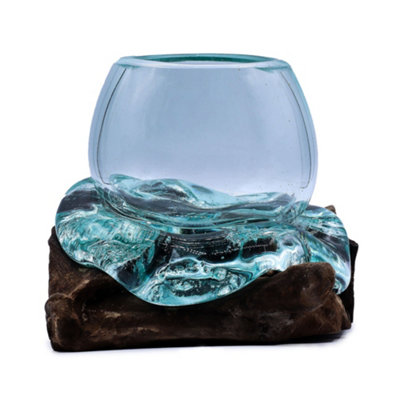  - Mini Goldfish Glass Bowl With Wooden Base Decorative Aquarium Style