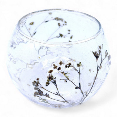 Serenityy Natural Floral Glass Bowl Candle Holder MargaritaHandcrafted Recycled Glass With Real Blossoms8X10Cm