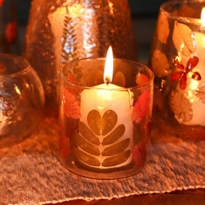 Serenityy Natural Floral Glass Straight Candle Holder PrimaveraHandmade Recycled Glass With Pressed Leaves And Blossoms8X8Cm from B&Q