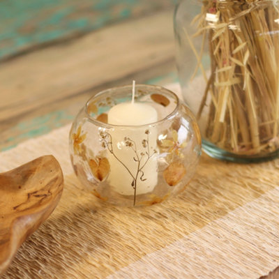 Serenityy Natural Floral Glass Rosa Large Bowl Candle HolderRecycled Glass With Pressed Flowers12X13Cm