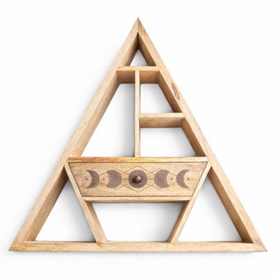 Serenityy Triangle Shaped Mango Wood Wall Shelf With Carved Moon Phase DrawerNatural Finish from B&Q
