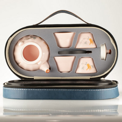Travel Teapot Set with 4 Cups Pink Vintage Style - Pumpkin Tea Set Carry Case - Image 4