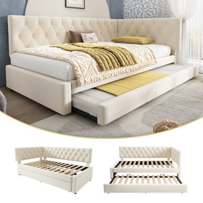 Matteo Upholstered Velvet Daybed With Pull-Out Trundle3Ft Single Sofa BedBeige from B&Q
