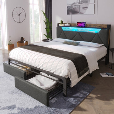 Matteo 4Ft6 Double Upholstered Bed Frame With LedUsb ChargingStorage Headboard & DrawersGrey Linen from B&Q