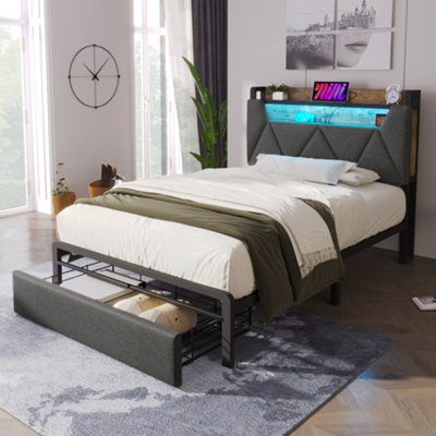 Matteo Grey Linen 3Ft Single Upholstered Bed Frame With Smart Led HeadboardUsb-C Charging& Storage Drawer from B&Q