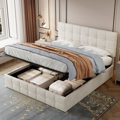 Matteo Deluxe 4Ft6 Double Beige Velvet Ottoman Storage Bed Frame With Hydraulic Lift & Adjustable Button Tufted Headboard from B&Q