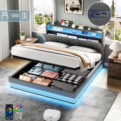Matteo King Upholstered Ottoman Bed With Rgb Led HeadboardUsb & Type-C Charging& Hydraulic StorageGrey Linen from B&Q