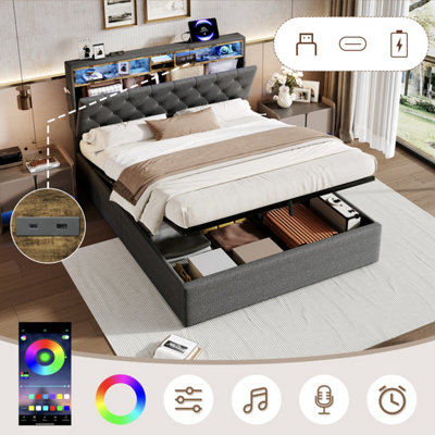 Matteo King Size Grey Linen Ottoman Bed Frame With Rgb Led HeadboardUsb & Type-C Charging & Integrated Storage from B&Q