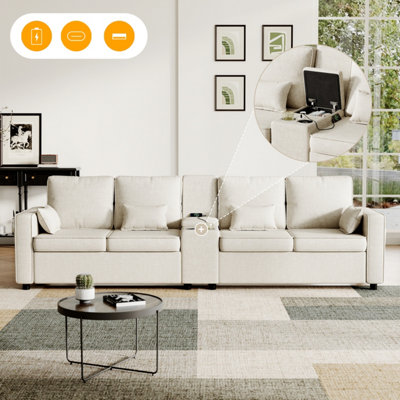 Matteo Modern 4-Seater Beige Linen Sofa With Usb/type-C ChargingStorage Console & Side Pockets from B&Q