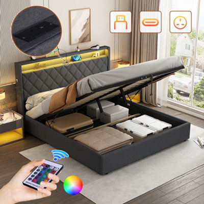 Matteo King Size Grey Linen Ottoman Bed Frame With Hydraulic StorageLed Lighting & Charging Station from B&Q