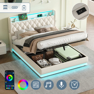 Matteo King Size Beige Upholstered Ottoman Bed Frame With Hydraulic StorageLed HeadboardUsb & Type-C Charging & No Box Spring from B&Q