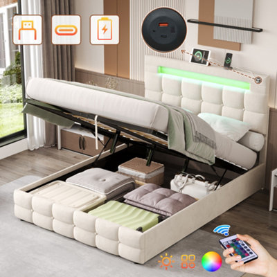 Matteo 4Ft6 Double Ottoman Bed FrameBeige Velvet Upholstered With Hydraulic StorageLed Lighting & Usb/type-C Charging from B&Q