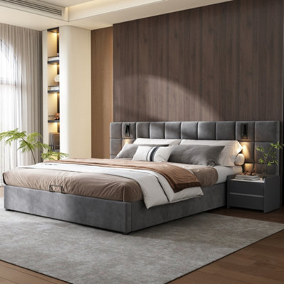 Matteo Grey King Size Velvet Upholstered Ottoman Storage Bed Frame With Usb Charging & Adjustable Reading Lamp from B&Q