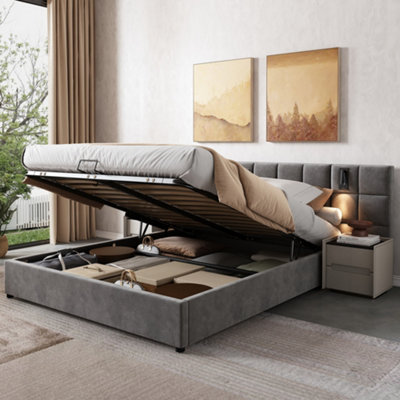Matteo Super King Ottoman Bed FrameGrey Velvet Upholstered With Hydraulic StorageWide HeadboardUsb & Reading Light from B&Q