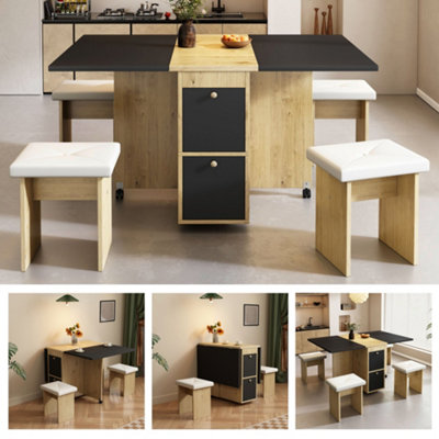 Matteo Modern Folding Extendable Dining Table Set With 4 ChairsWhiteOak Effect & BlackSpace-Saving For Uk Diy Homes from B&Q