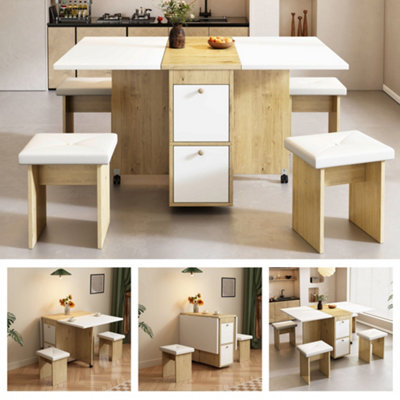 Matteo Space-Saving Extendable Dining Table & 4 Chairs SetWhite & Oak FinishPerfect For Small Kitchens & Dining Rooms from B&Q