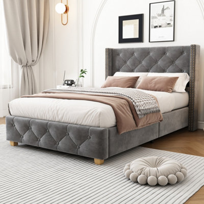 Matteo Luxury Grey Velvet Single Bed Frame3Ft Upholstered With Button Tufted Headboard & Wooden Legs from B&Q