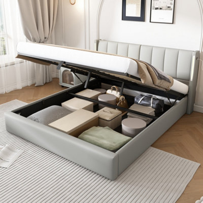 Matteo King Size Grey Faux Leather Ottoman Bed Frame With Led LightingUsb Charging & Adjustable Headboard from B&Q