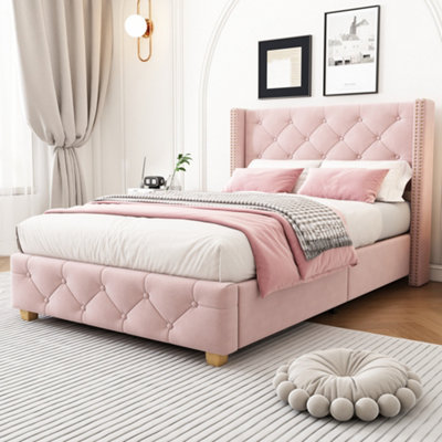 Matteo Luxury Pink Velvet 3Ft Single Upholstered Bed Frame With Button Tufted Headboard & Rivet DetailSlatted from B&Q