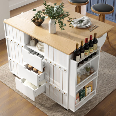 B&Q -  White Extendable Kitchen Island With Wood Grain WorktopSliding DoorsDrawers & CastorsVersatile Storage Trolley