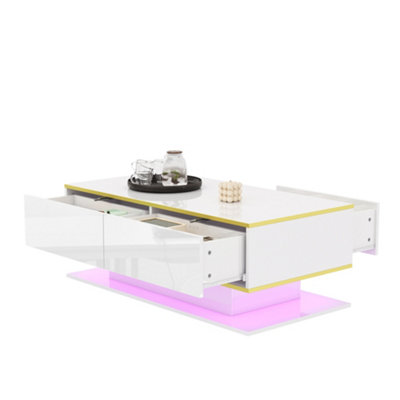 Matteo Modern White High-Gloss Led Coffee Table100Cm Length3 Drawers & Gold Accents from B&Q
