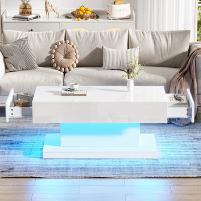 Matteo Modern High-Gloss Coffee Table With App-Controlled Led Lights & 2 DrawersWhite100X50X45Cm from B&Q
