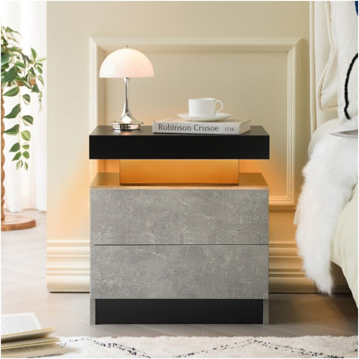 Matteo Led Nightstand Bedside Table CabinetModern Grey & Black Side Table With 2 Drawers from B&Q