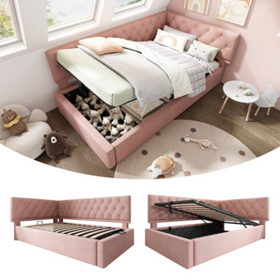 Matteo Pink Velvet Daybed: 3Ft Single Ottoman Sofa Bed With Hydraulic Storage & Metal Slats (No Mattress) from B&Q