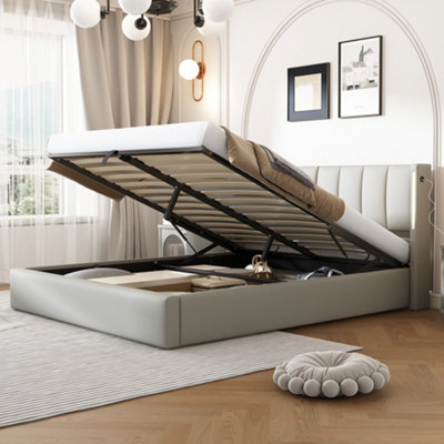 Matteo Super King 6Ft Led Upholstered Bed Frame With Hydraulic StorageUsb & Adjustable HeadboardGrey Faux Leather from B&Q