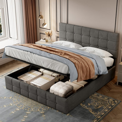 Matteo Double Velvet Ottoman Bed FrameGrey With Hydraulic Storage & Adjustable Tufted Headboard from B&Q