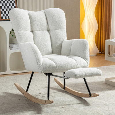 B&Q -  Modern White Teddy Fabric Tufted Upholstered Rocking Chair With Pull-Out Footrest