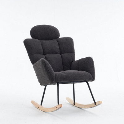 B&Q -  Dark Grey Soft Teddy Fabric Tufted Upholstered Rocking Chair With Headrest For Living Room & Bedroom
