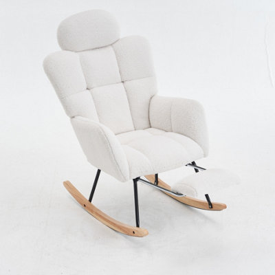 B&Q -  Ivory White Teddy Fabric Rocking Chair With Padded SeatHeadrest & Foldable Footrest