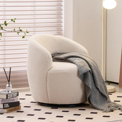Matteo Ivory White Teddy Fabric 360-Degree Swivel Accent Barrel Armchair from B&Q