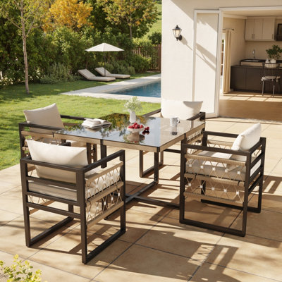 Matteo Hand-Woven 4-Seater Modular Garden Sofa Set With Safety Glass Table & Beige Cushions from B&Q