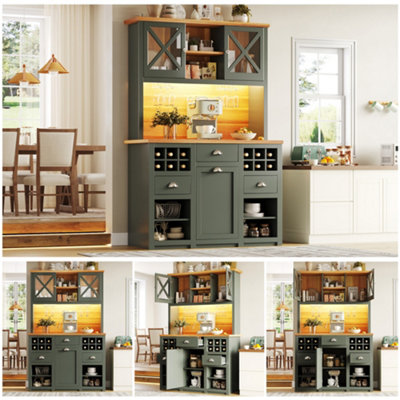 Matteo Antique Green Tall Kitchen Sideboard Cabinet With Glass DoorsLed LightingWine Rack & Integrated Power Outlets (188Cm H) from B&Q