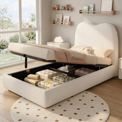 Matteo Children's Single Ottoman Bed Frame With Hydraulic Storage & Upholstered Bouclé HeadboardBeige from B&Q