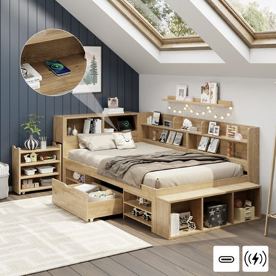 Matteo Children's Multifunctional Single Bed Frame3Ft (90X190Cm) With DrawersBookcase & StorageNatural Wood from B&Q