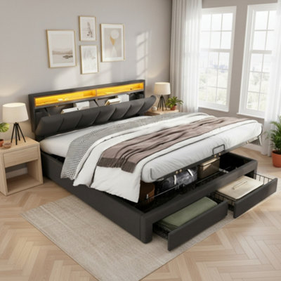 Matteo Grey Linen Double Ottoman Bed Frame 4Ft6 With Led HeadboardHydraulic Lift Storage & Integrated Drawers from B&Q