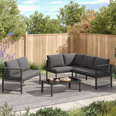 Matteo Grey 5-6 Seater Modular L-Shaped Garden Sofa Set With Tempered Glass Coffee Table & Weatherproof Polyester Rope For Patio from B&Q