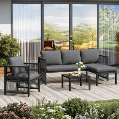 Matteo Grey Modular 4-5 Seater Outdoor Garden Sofa Set With Tempered Glass Coffee Table & Weatherproof Polyester Rope from B&Q