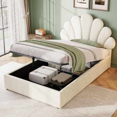 Matteo 3Ft Single Beige Velvet Upholstered Bed Frame With Adjustable Petal Headboard & Hydraulic Storage from B&Q