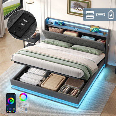 Matteo King Size Upholstered Ottoman Bed Frame With Rgb Led & Button Tufted HeadboardUsb/type-C Charging & Hidden StorageGrey Linen from B&Q