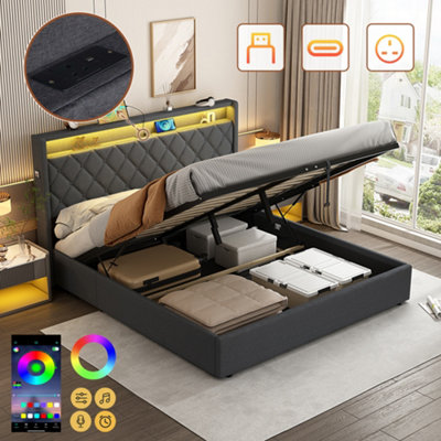 Matteo Grey 4Ft6 Double Upholstered Ottoman Bed Frame With Hydraulic StorageRgb Led Lighting & Integrated Charging Station from B&Q