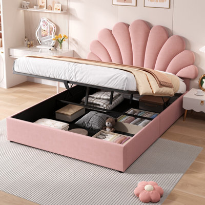 Matteo Pink 4Ft6 Double Velvet Upholstered Bed Frame With Hydraulic Storage & Adjustable Petal Headboard from B&Q