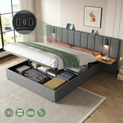 Matteo Grey King Size Velvet Ottoman Bed Frame With Charging StationReading Light & Hydraulic Storage from B&Q