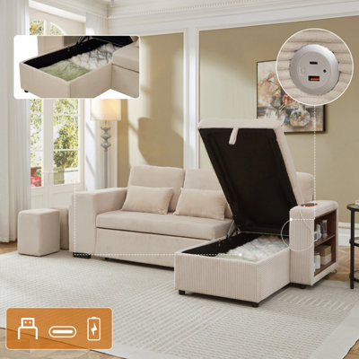 Matteo Modern L-Shaped Convertible Sofa Bed With StorageCharging & Nesting StoolsBeige Corduroy from B&Q