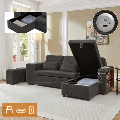 Matteo Modern Grey Corduroy L-Shaped Sofa Bed With Storage ChaiseNesting Footstools & Integrated Usb/type-C Charging Station from B&Q