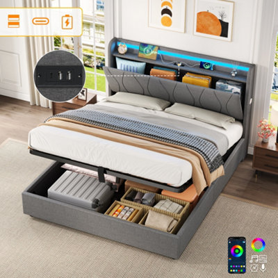 Matteo Double 4Ft6 Grey Linen Upholstered Ottoman Bed Frame With Hydraulic StorageRgb Led Headboard & Usb/type-C Charging Ports from B&Q